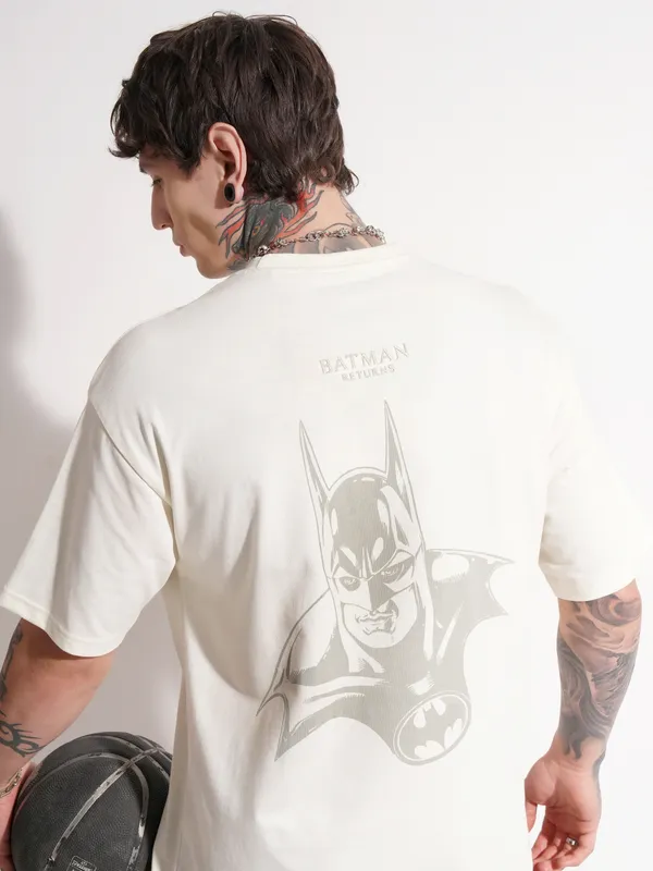 DC By Highlander Men Off White Batman Printed Round Neck Oversized Fit T-Shirt
