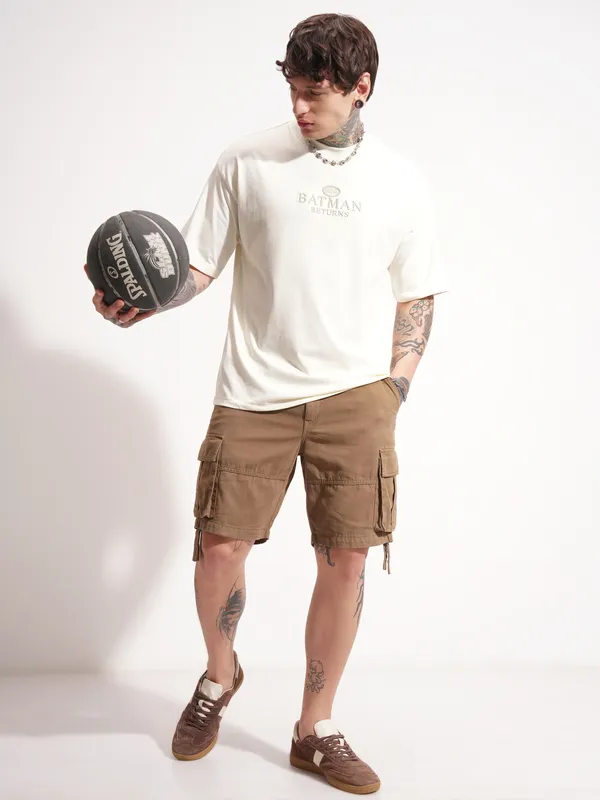 DC By Highlander Men Off White Batman Printed Round Neck Oversized Fit T-Shirt