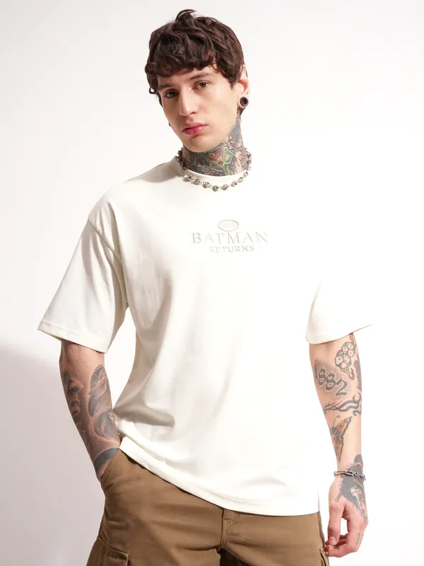 DC By Highlander Men Off White Batman Printed Round Neck Oversized Fit T-Shirt