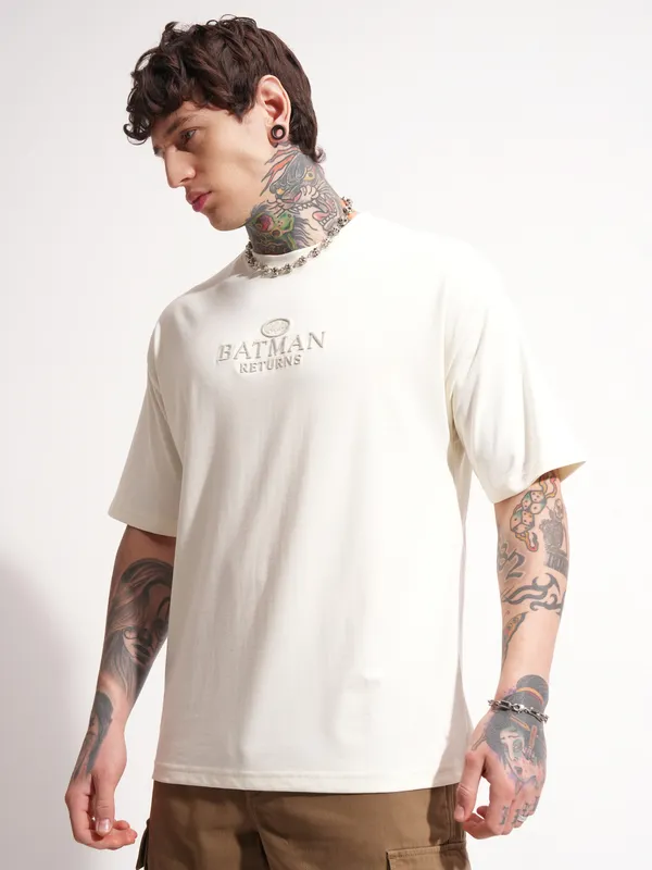 DC By Highlander Men Off White Batman Printed Round Neck Oversized Fit T-Shirt