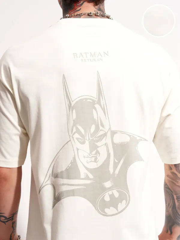 DC By Highlander Men Off White Batman Printed Round Neck Oversized Fit T-Shirt