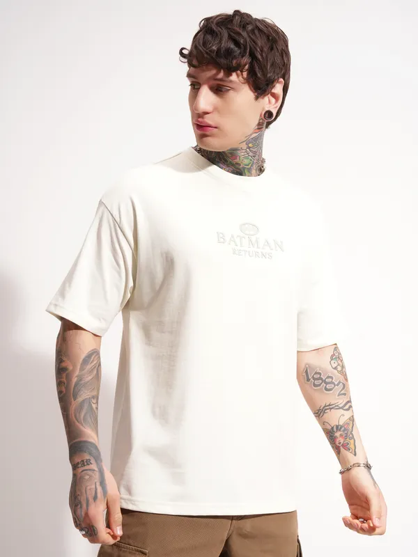 DC By Highlander Men Off White Batman Printed Round Neck Oversized Fit T-Shirt