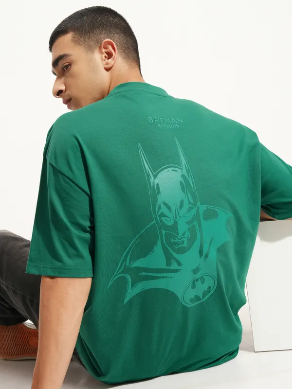 DC By Highlander Men Green Batman Printed Round Neck Oversized Fit T-Shirt