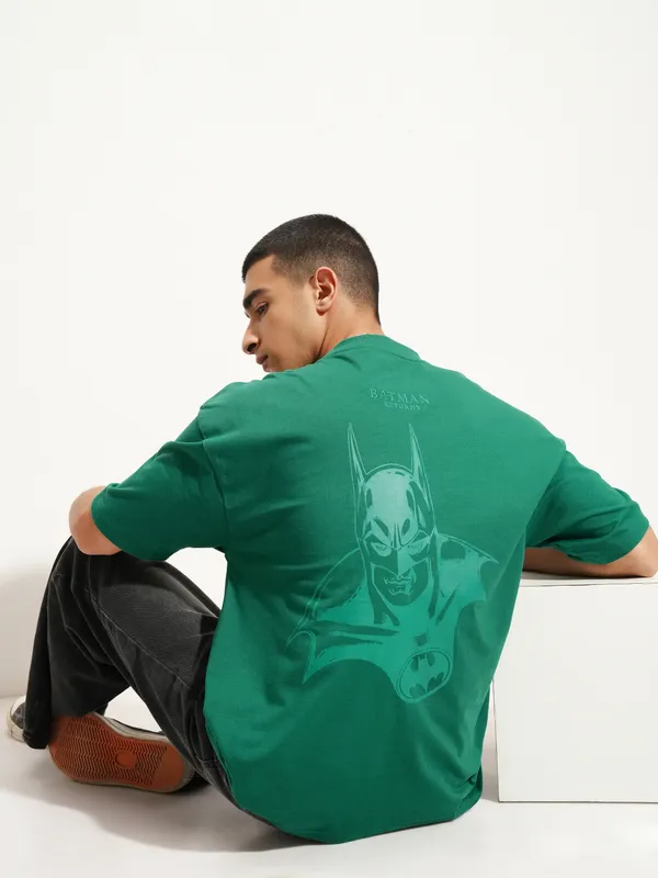 DC By Highlander Men Green Batman Printed Round Neck Oversized Fit T-Shirt