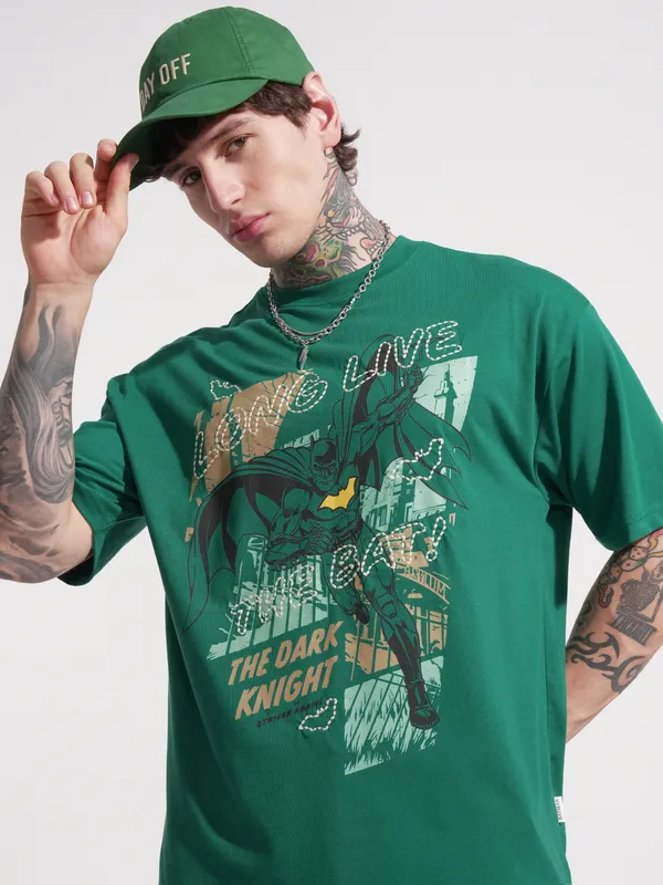 DC By Highlander Men Green Batman Printed Round Neck Oversized Fit T-Shirt