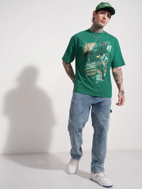 DC By Highlander Men Green Batman Printed Round Neck Oversized Fit T-Shirt