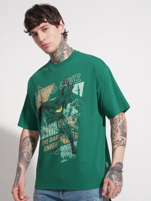 DC By Highlander Men Green Batman Printed Round Neck Oversized Fit T-Shirt