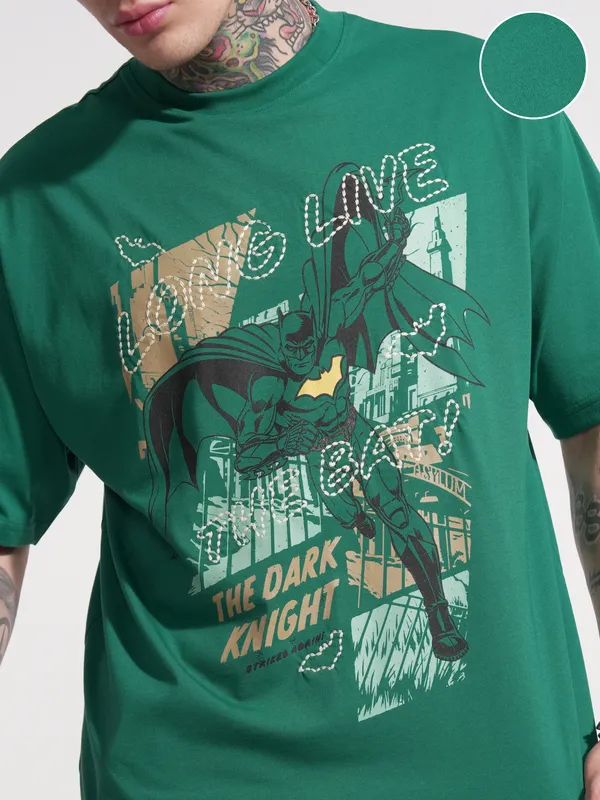 DC By Highlander Men Green Batman Printed Round Neck Oversized Fit T-Shirt