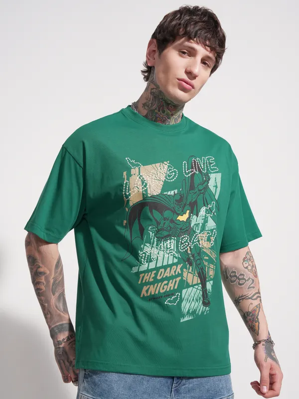 DC By Highlander Men Green Batman Printed Round Neck Oversized Fit T-Shirt