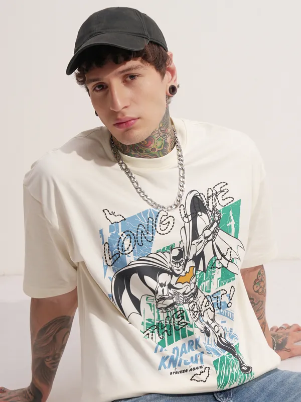 DC By Highlander Men Off White Batman Printed Round Neck Oversized Fit T-Shirt