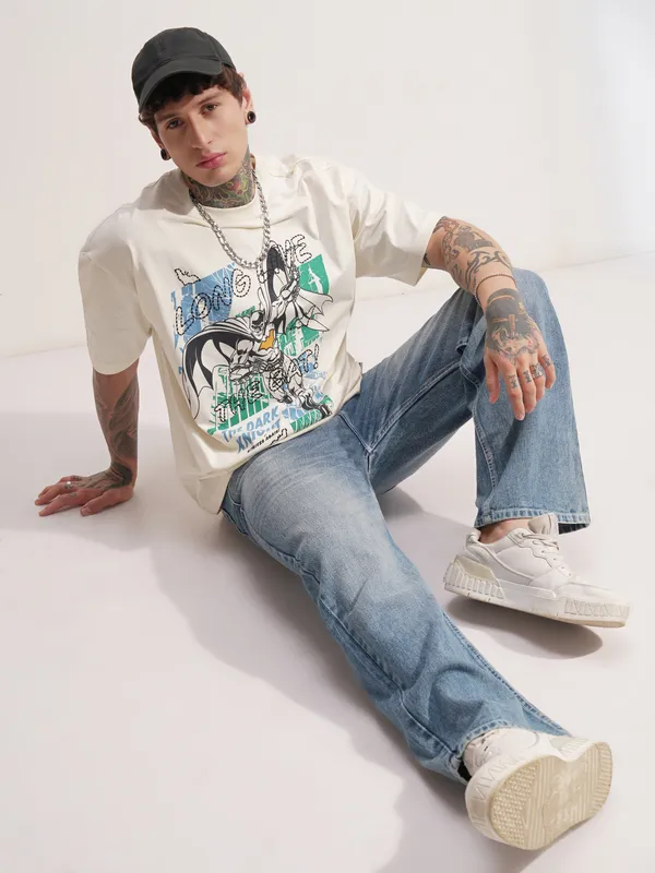 DC By Highlander Men Off White Batman Printed Round Neck Oversized Fit T-Shirt