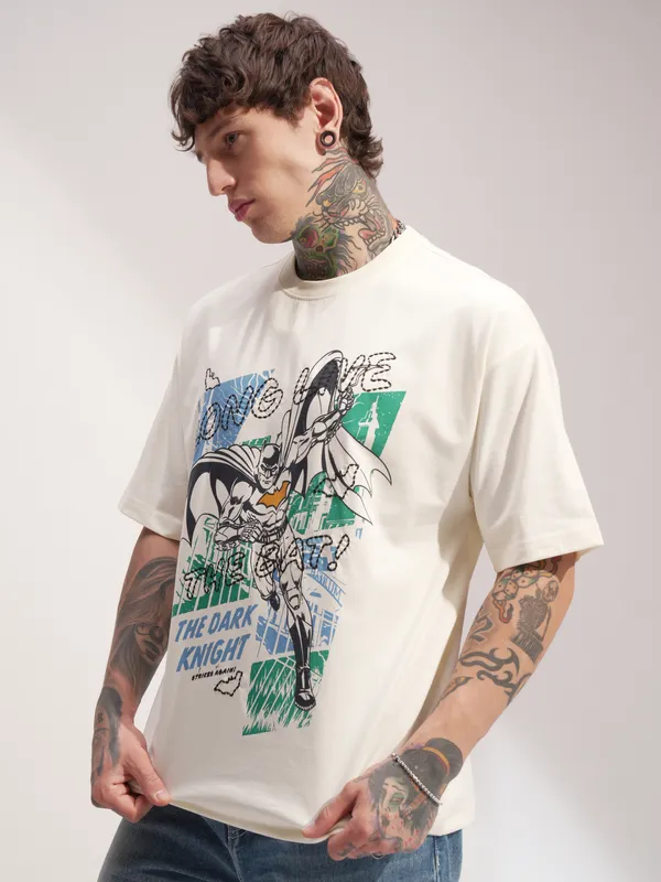 DC By Highlander Men Off White Batman Printed Round Neck Oversized Fit T-Shirt