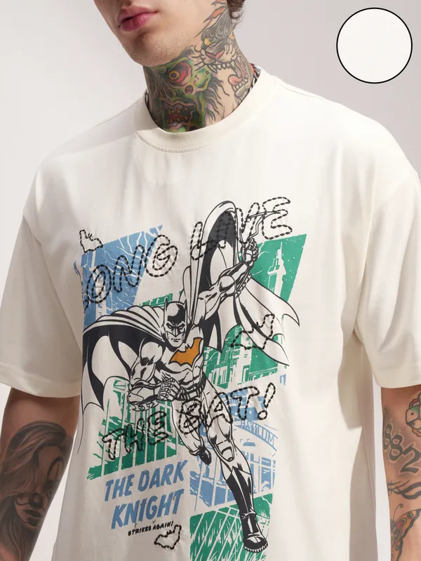 DC By Highlander Men Off White Batman Printed Round Neck Oversized Fit T-Shirt