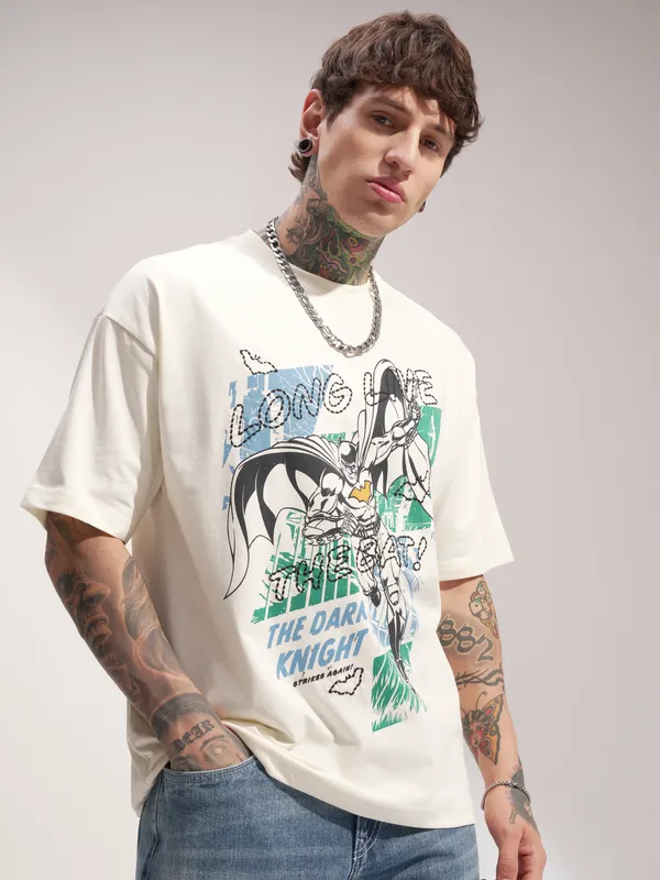 DC By Highlander Men Off White Batman Printed Round Neck Oversized Fit T-Shirt