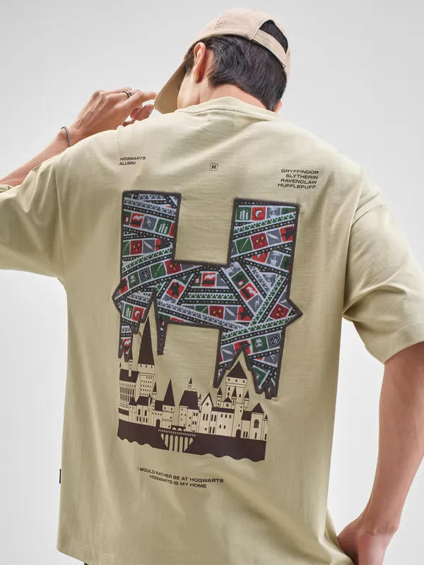 WB By Highlander Men Beige Harry Potter Printed Round Neck Oversized Fit T-Shirt