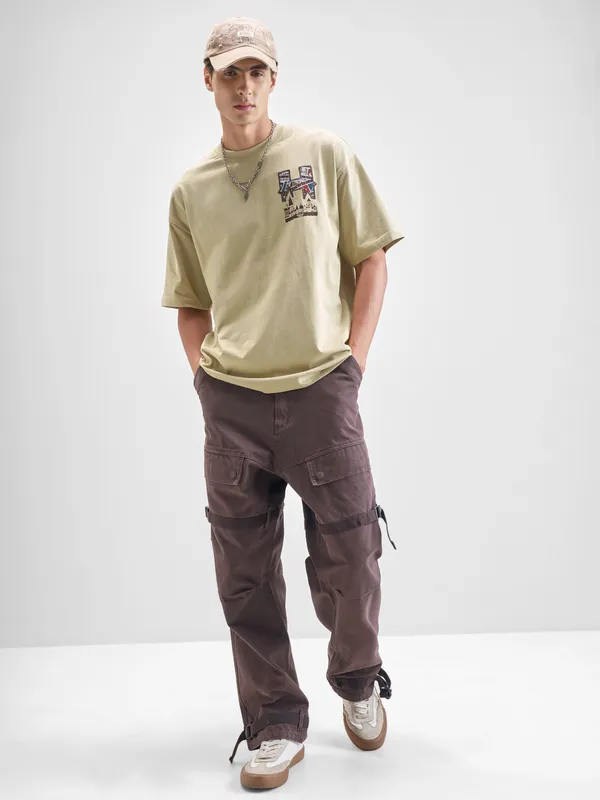 WB By Highlander Men Beige Harry Potter Printed Round Neck Oversized Fit T-Shirt