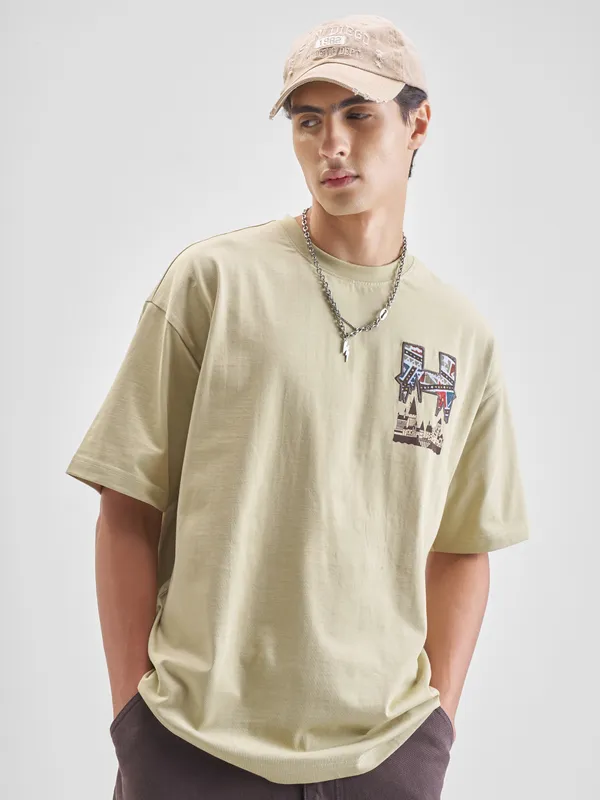 WB By Highlander Men Beige Harry Potter Printed Round Neck Oversized Fit T-Shirt