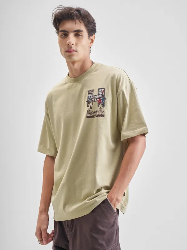 WB By Highlander Men Beige Harry Potter Printed Round Neck Oversized Fit T-Shirt