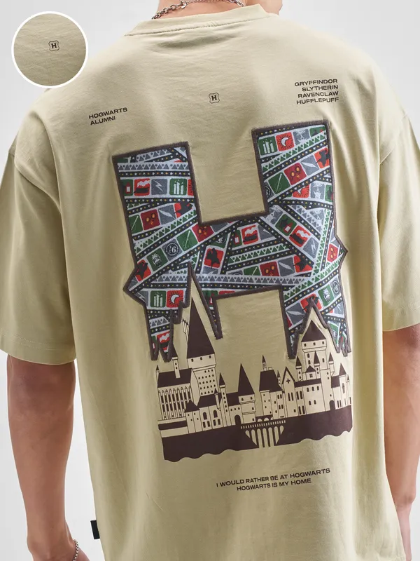 WB By Highlander Men Beige Harry Potter Printed Round Neck Oversized Fit T-Shirt