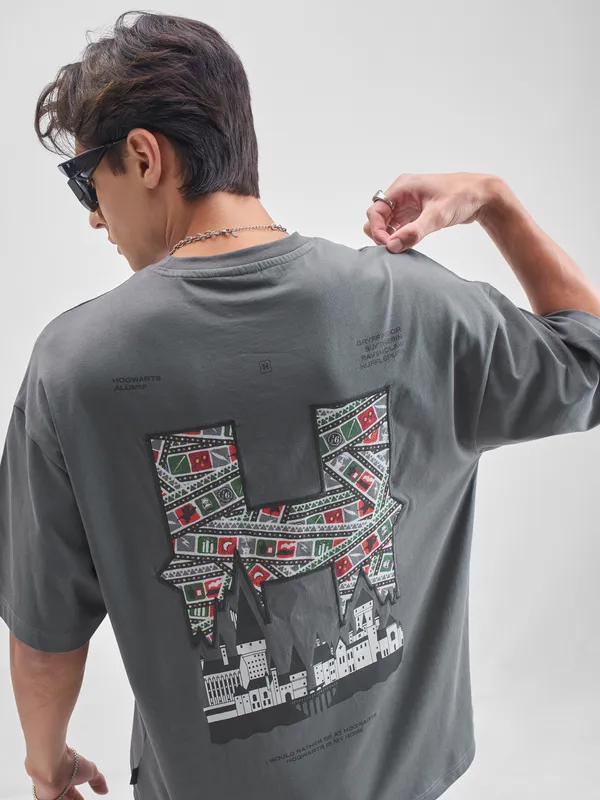 WB By Highlander Men Grey Harry Potter Printed Round Neck Oversized Fit T-Shirt