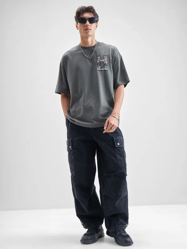 WB By Highlander Men Grey Harry Potter Printed Round Neck Oversized Fit T-Shirt