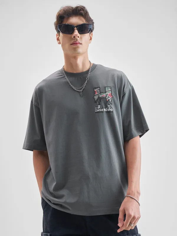 WB By Highlander Men Grey Harry Potter Printed Round Neck Oversized Fit T-Shirt