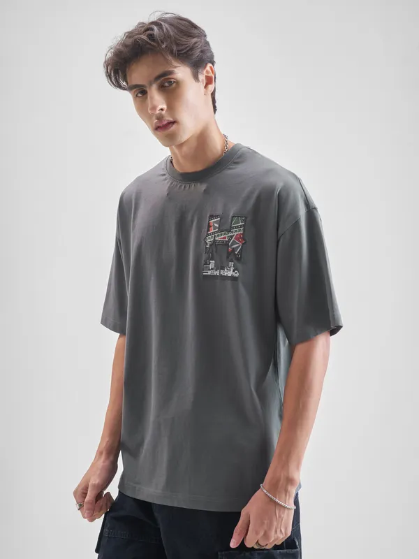 WB By Highlander Men Grey Harry Potter Printed Round Neck Oversized Fit T-Shirt