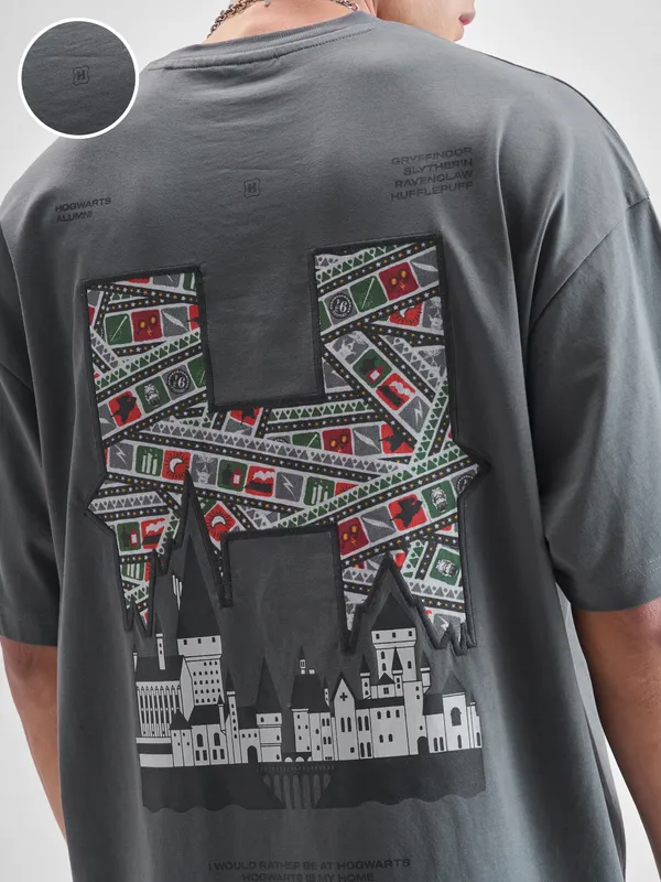 WB By Highlander Men Grey Harry Potter Printed Round Neck Oversized Fit T-Shirt