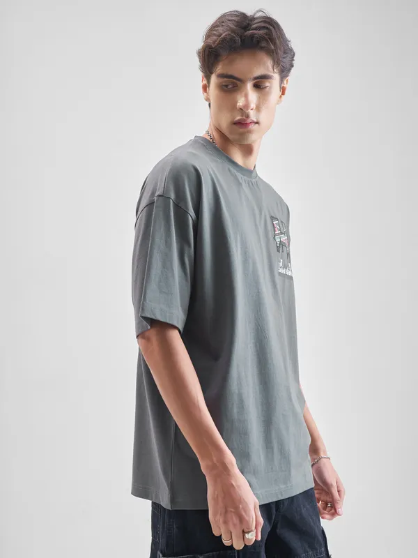 WB By Highlander Men Grey Harry Potter Printed Round Neck Oversized Fit T-Shirt