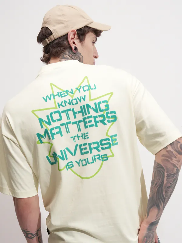 WB By Highlander Men Beige Rick And Morty Printed Round Neck Oversized Fit T-Shirt