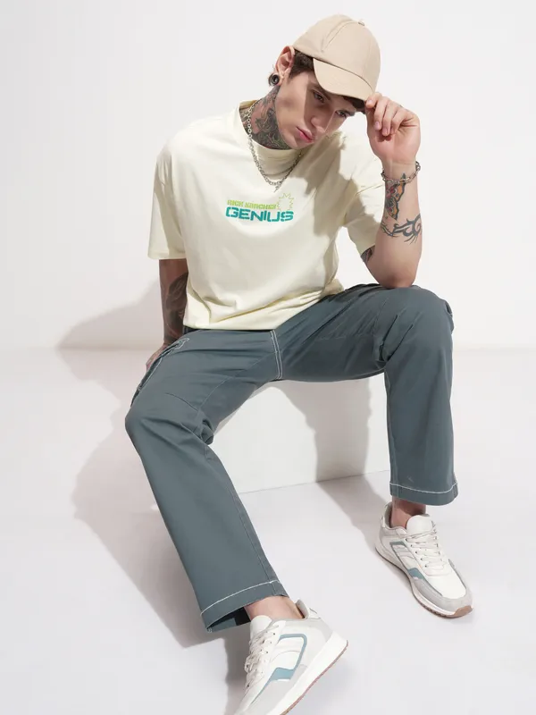 WB By Highlander Men Beige Rick And Morty Printed Round Neck Oversized Fit T-Shirt