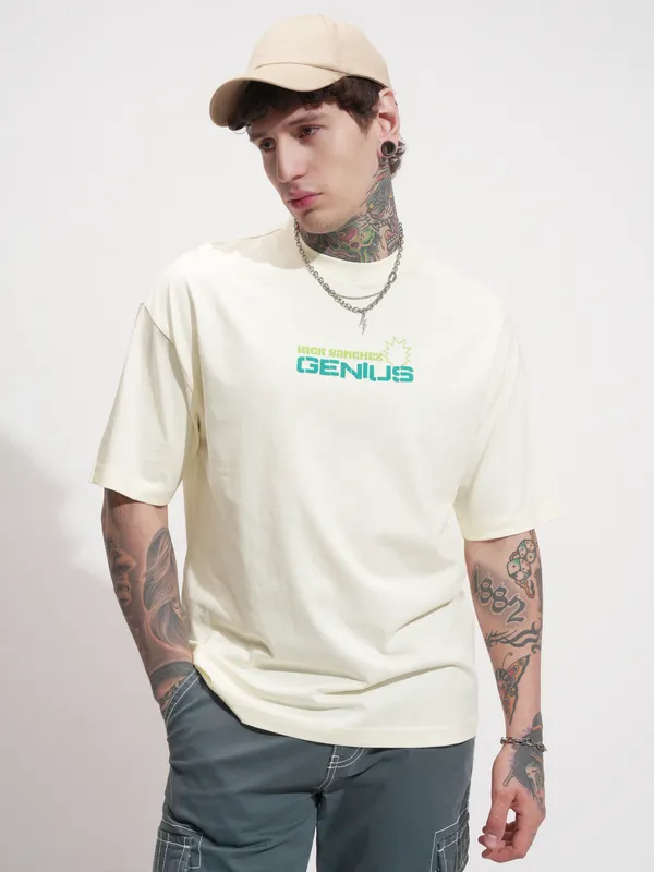 WB By Highlander Men Beige Rick And Morty Printed Round Neck Oversized Fit T-Shirt