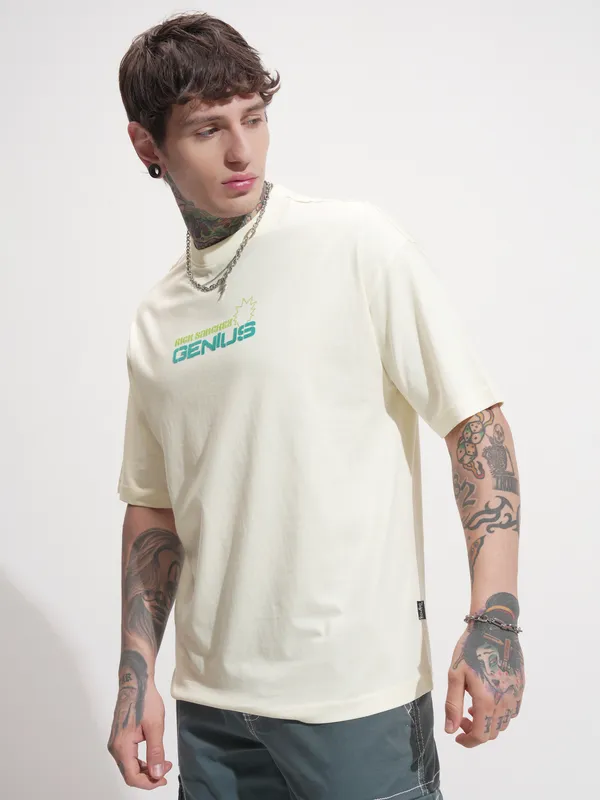 WB By Highlander Men Beige Rick And Morty Printed Round Neck Oversized Fit T-Shirt