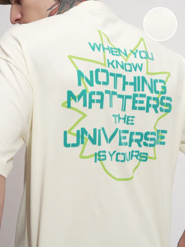 WB By Highlander Men Beige Rick And Morty Printed Round Neck Oversized Fit T-Shirt