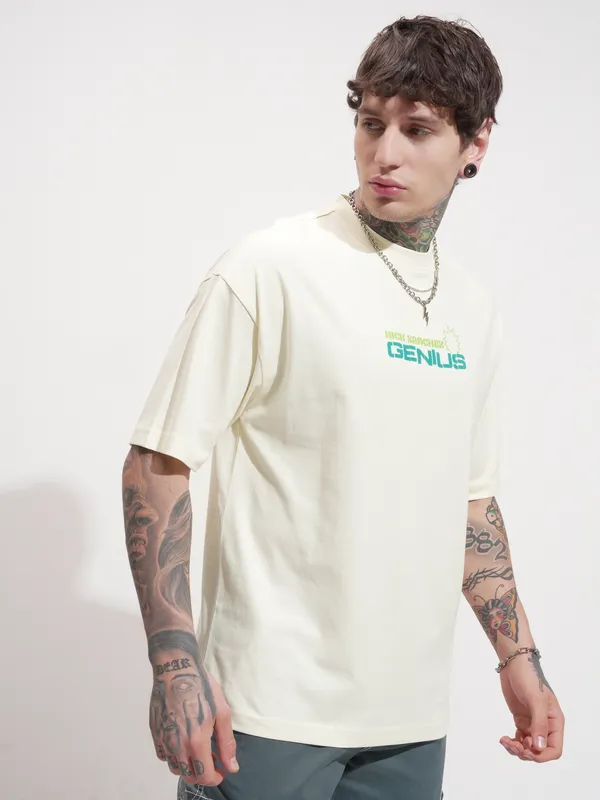 WB By Highlander Men Beige Rick And Morty Printed Round Neck Oversized Fit T-Shirt