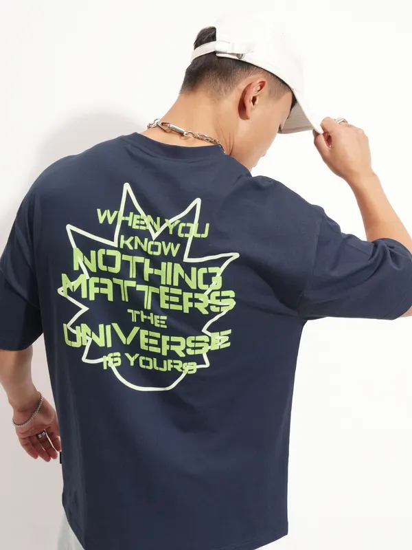 WB By Highlander Men Navy Blue Rick And Morty Printed Round Neck Oversized Fit T-Shirt