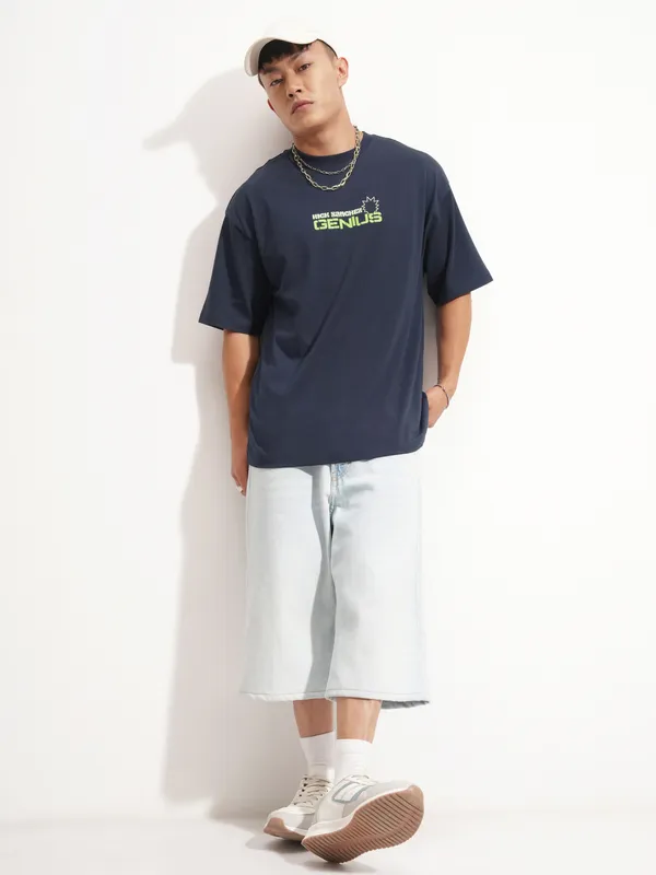 WB By Highlander Men Navy Blue Rick And Morty Printed Round Neck Oversized Fit T-Shirt