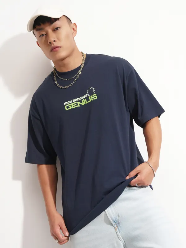 WB By Highlander Men Navy Blue Rick And Morty Printed Round Neck Oversized Fit T-Shirt