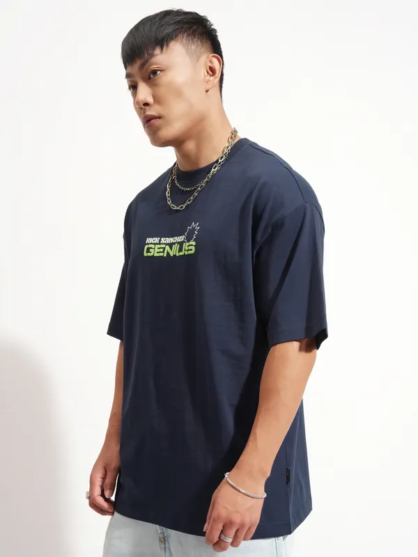 WB By Highlander Men Navy Blue Rick And Morty Printed Round Neck Oversized Fit T-Shirt