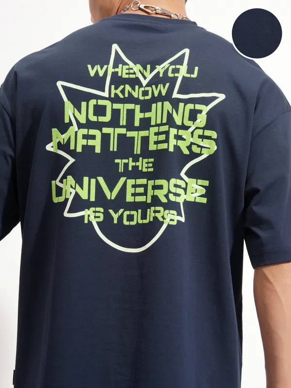 WB By Highlander Men Navy Blue Rick And Morty Printed Round Neck Oversized Fit T-Shirt