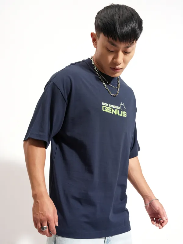 WB By Highlander Men Navy Blue Rick And Morty Printed Round Neck Oversized Fit T-Shirt