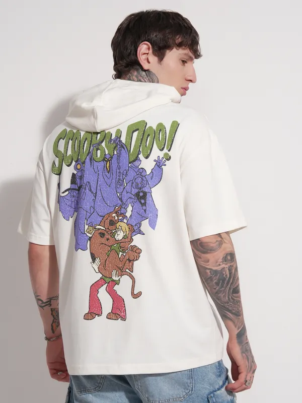 WB by Highlander Men White Scooby Doo Printed Hood Oversized Fit T-Shirt