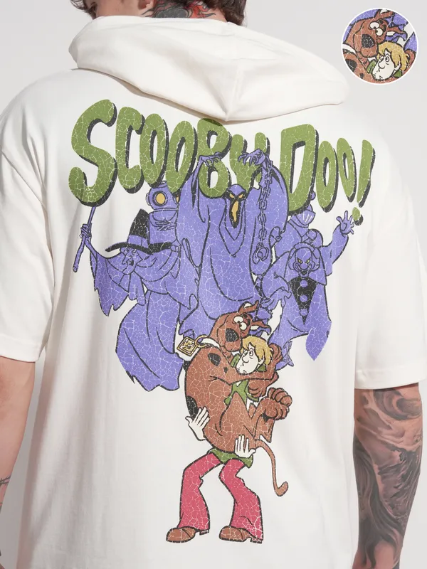 WB by Highlander Men White Scooby Doo Printed Hood Oversized Fit T-Shirt