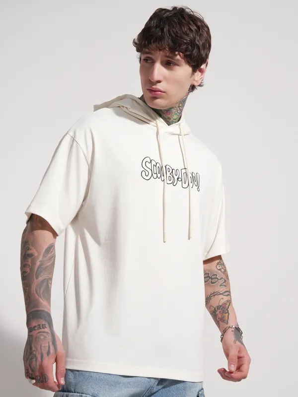 WB by Highlander Men White Scooby Doo Printed Hood Oversized Fit T-Shirt