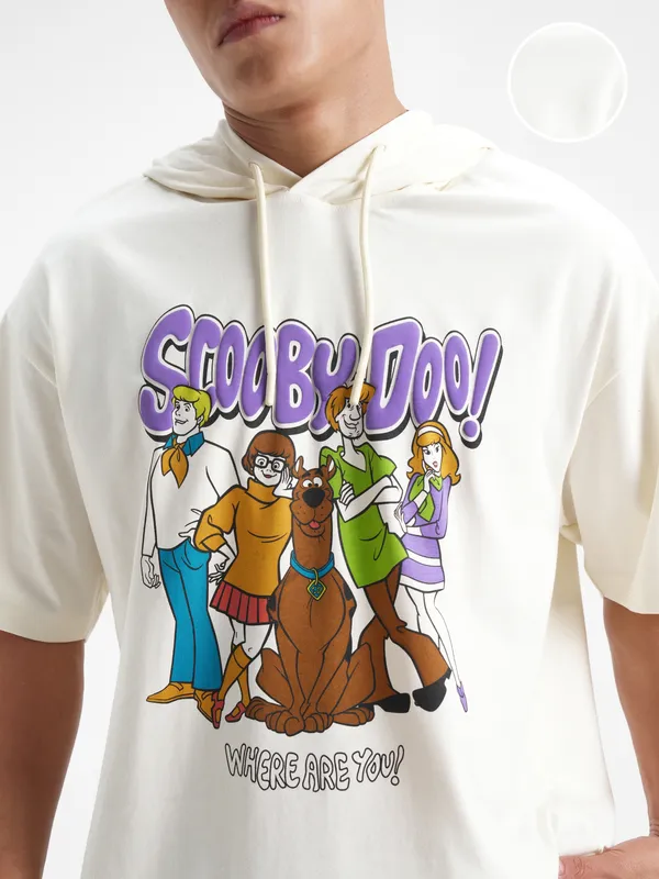 WB By Highlander Men White Scooby Doo Printed Hood Oversized Fit T-Shirt