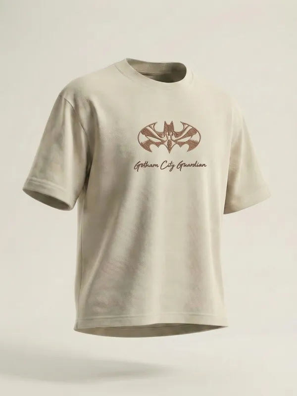 DC By Highlander Men Cream Batman Embroidered Round Neck T-Shirt