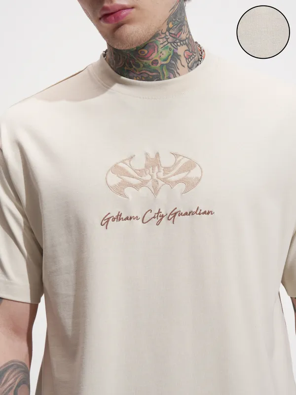 DC By Highlander Men Cream Batman Embroidered Round Neck Relaxed Fit T-Shirt