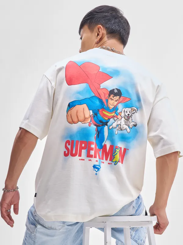 DC By Highlander Men Off White Superman Printed Round Neck Oversized Fit T-Shirt