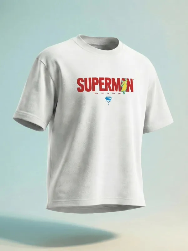 DC By Highlander Men Off White Superman Printed Round Neck Oversized Fit T-Shirt