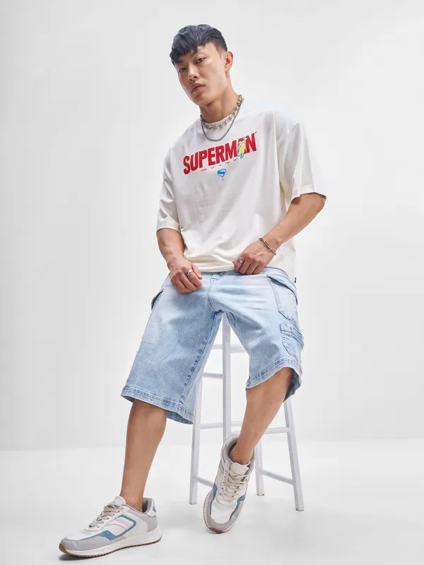 DC By Highlander Men Off White Superman Printed Round Neck Oversized Fit T-Shirt